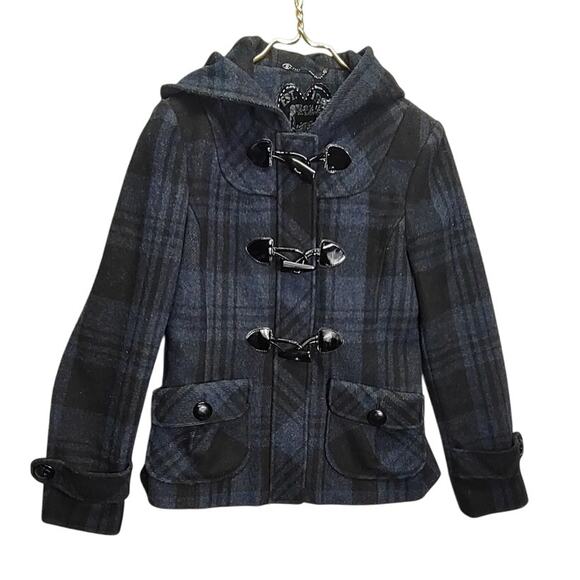 Guess Jackets & Blazers - GUESS Plaid Wool Blend Navy Blue Hooded Pea Coat Claw Buttons